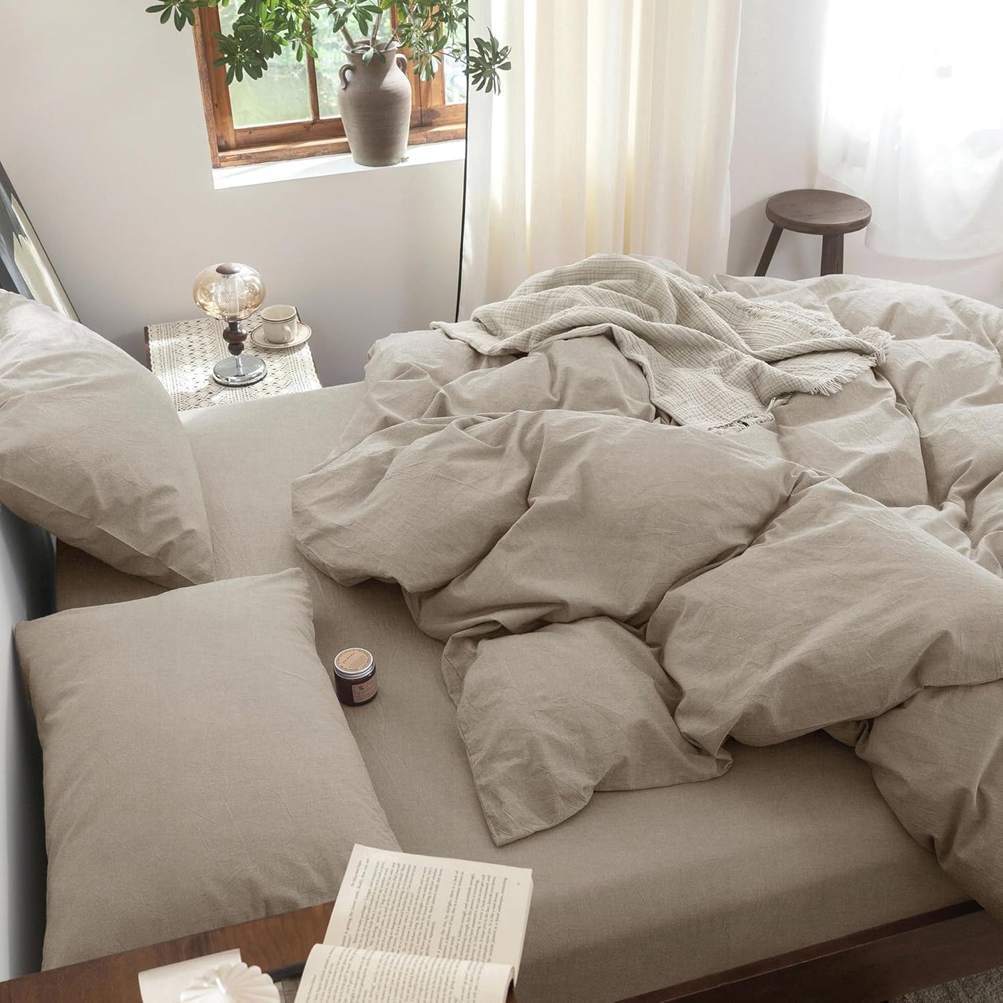 FOSSA Duvet Cover Set 100% Washed Cotton Linen Feel Super Soft Breathable Cozy 3 Pieces Bedding Sets Solid Tannish Linen Grey Oversized King Plus