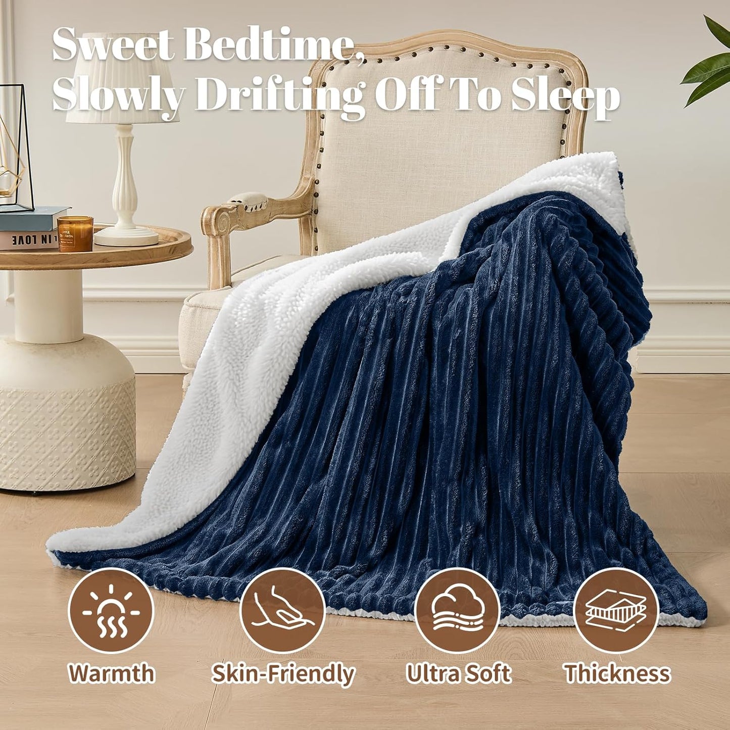 Electric Heated Blanket Full Size - 72"x84" Fast Heating Bed Blankets with 6 Heating Levels & 10 Hours Auto Off, Soft Ribbed Flannel Sherpa, Over-Heated Protection ETL, Navy Blue