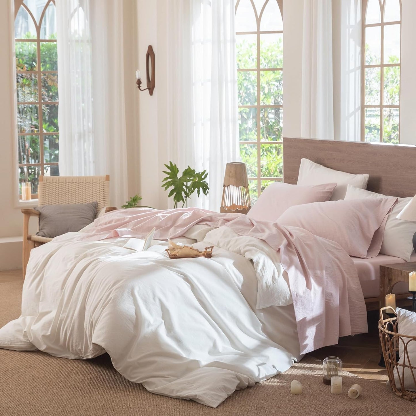 MooMee Bedding Sheet Set 100% Washed Cotton Linen Like Textured Breathable Durable Soft Comfy (Heathered Greyish Pink, Twin)