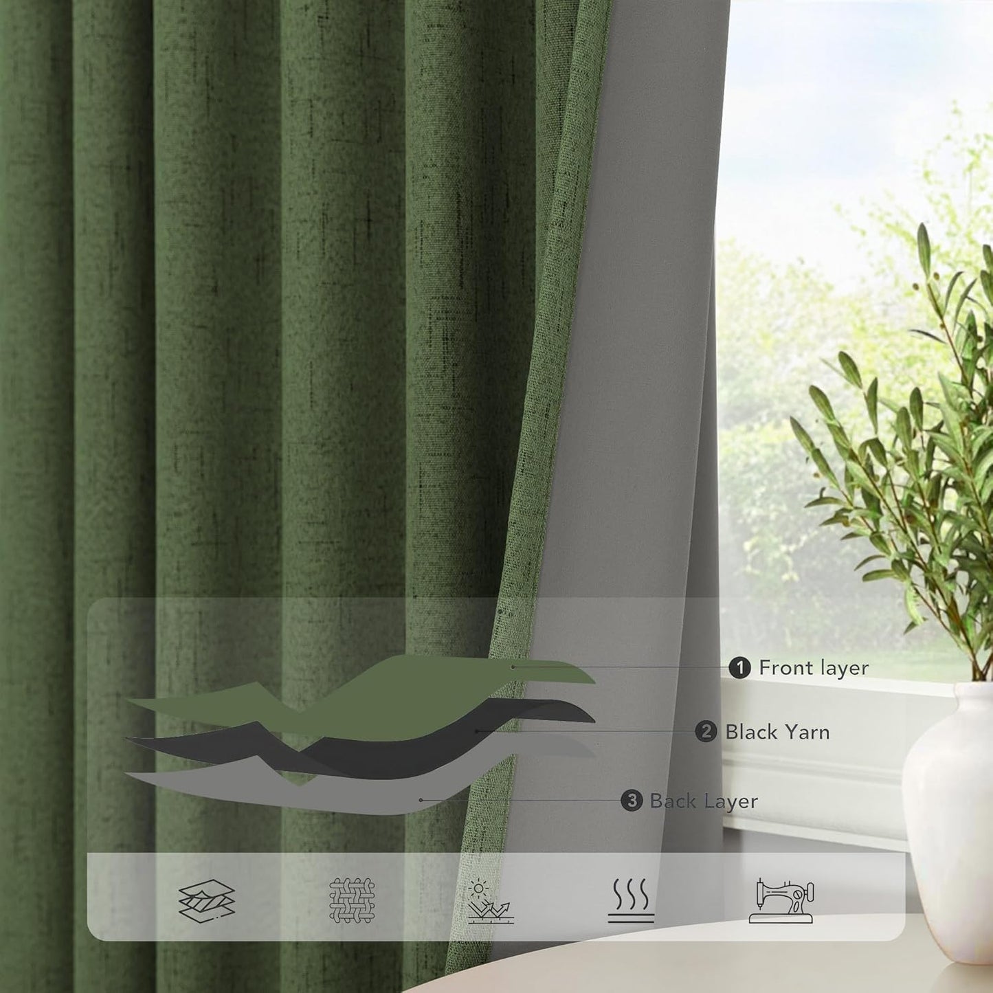 Olive Green Blackout Curtains for Bedroom 96 Inches Long Floor Length 2 Panel Vintage Earth Tone Earthy Academia Dark Out Curtain for Sliding Doors Living Room Darkening Thermal Linen Drape Army Green