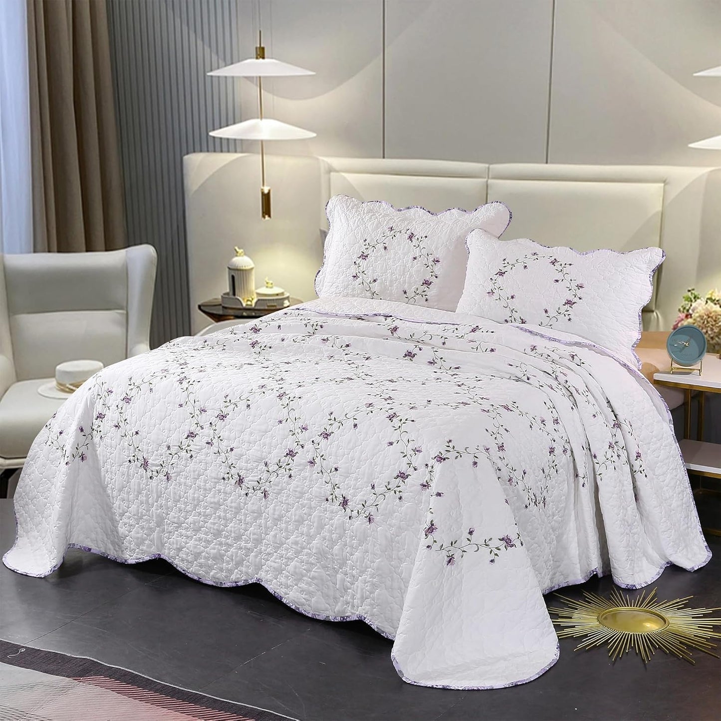 Quilt Set Purple Floral 3D Embroidery Pattern 3 PCS 100% Cotton Reversible Quilted Embroidered Decorative Bedspreads Coverlet Set, Lightweight &Soft King Size White Bedding Coverlet for All Season
