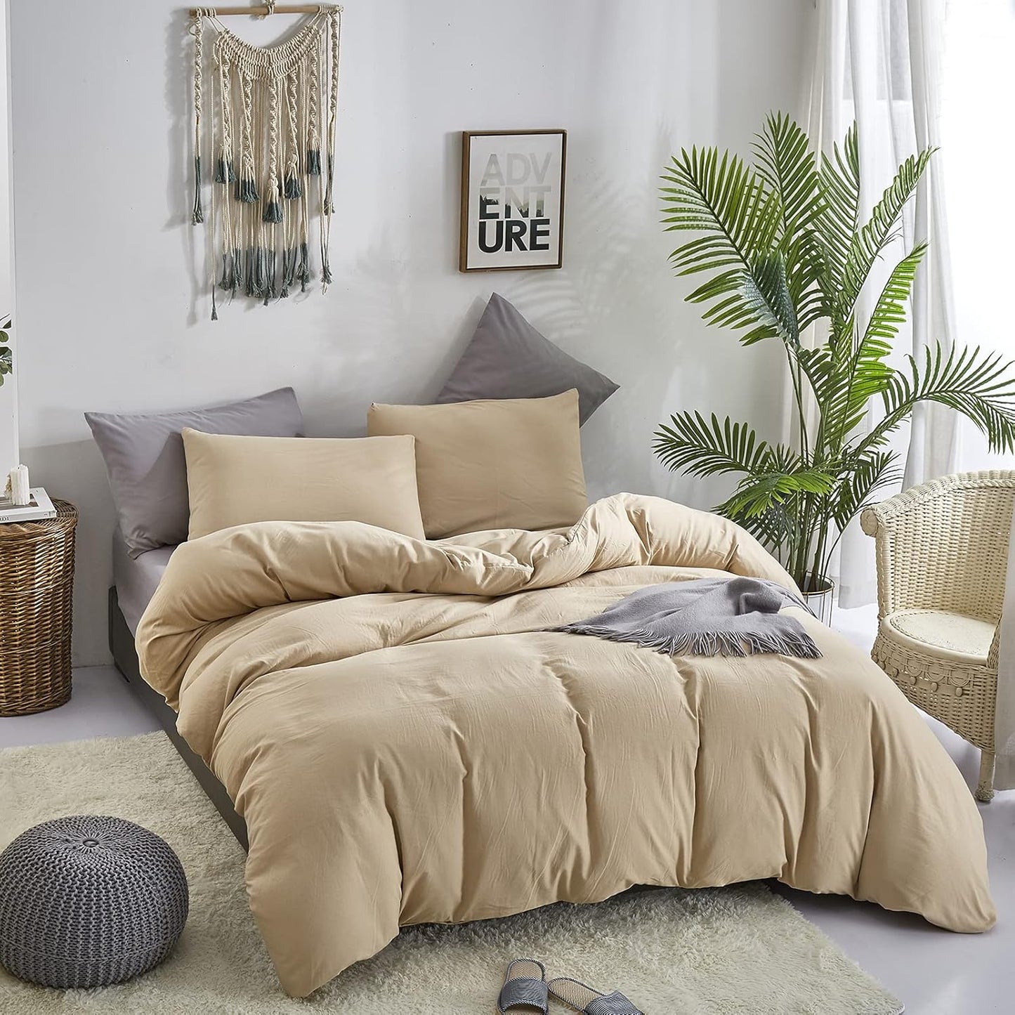 Cottonight Champagne Comforter Set Queen Beige Khaki Bedding Set Full Solid Taupe Blanket Quilts Soft Breathable Beige Sand Color Deep Champagne Modern Comforter Set for Women Men