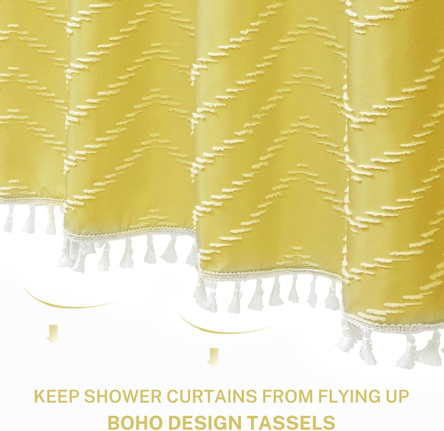 Yellow Boho Shower Curtain with White Tassel - 72 x 72 Modern Farmhouse Textured Tufted Chevron Striped Minimalist Bathroom Shower Curtain