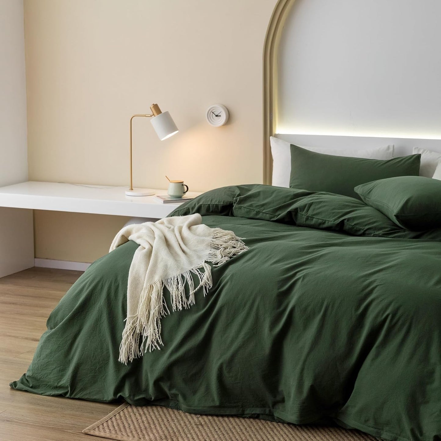 JIYUAN 100% Washed Cotton Duvet Cover Set 3 Pieces Full, 1 Duvet Cover 80x90 Inches(Comforter Not Included) and 2 Pillowcases,Linen Feel Bedding Set Comfy and Breathable,Forest Green