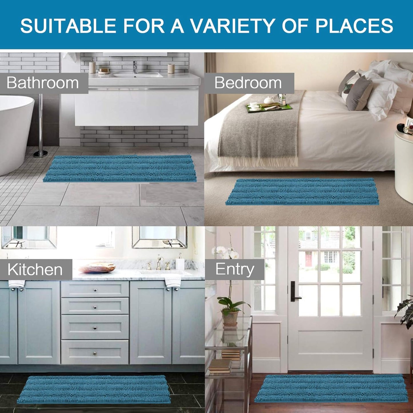 H.VERSAILTEX Bath Rugs for Bathroom Non Slip Bath Mats Extra Thick Chenille Striped Bath Rug Runners 47" x 17" Absorbent Fluffy Soft Shaggy Mats Plush Area Carpet for Bath Room - Turquoise Blue