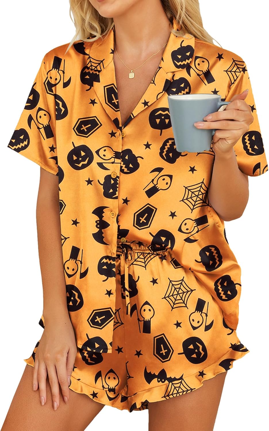 HOTOUCH Womens Satin Pajamas Set Button Down 2 Piece Silk Pjs Shorts Set Ruffle Lingerie Notch Collar Sleepwear