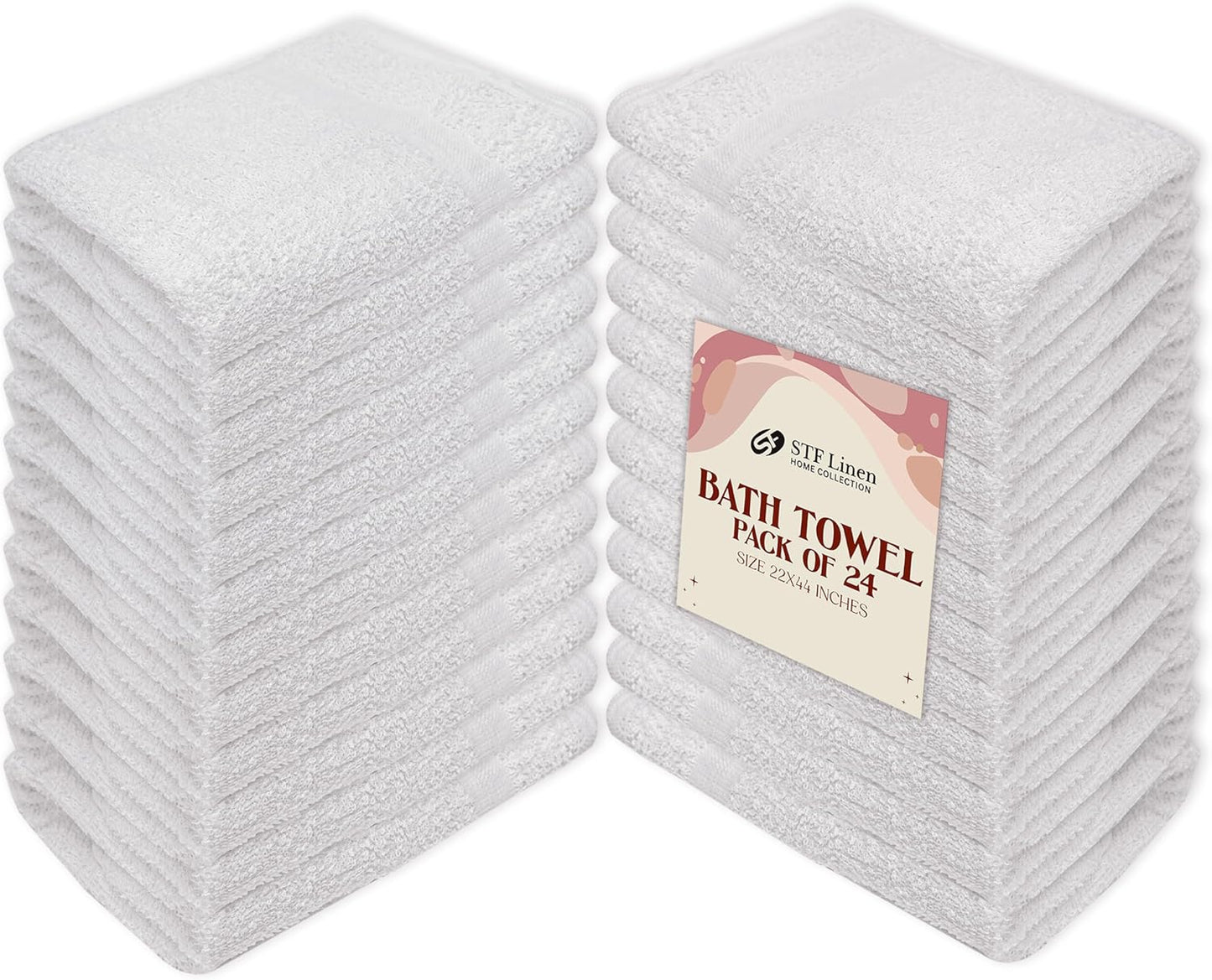 24 Pack White 22x44 Inch Cotton Bath Towels - Lightweight, Quick Drying, Commercial Grade