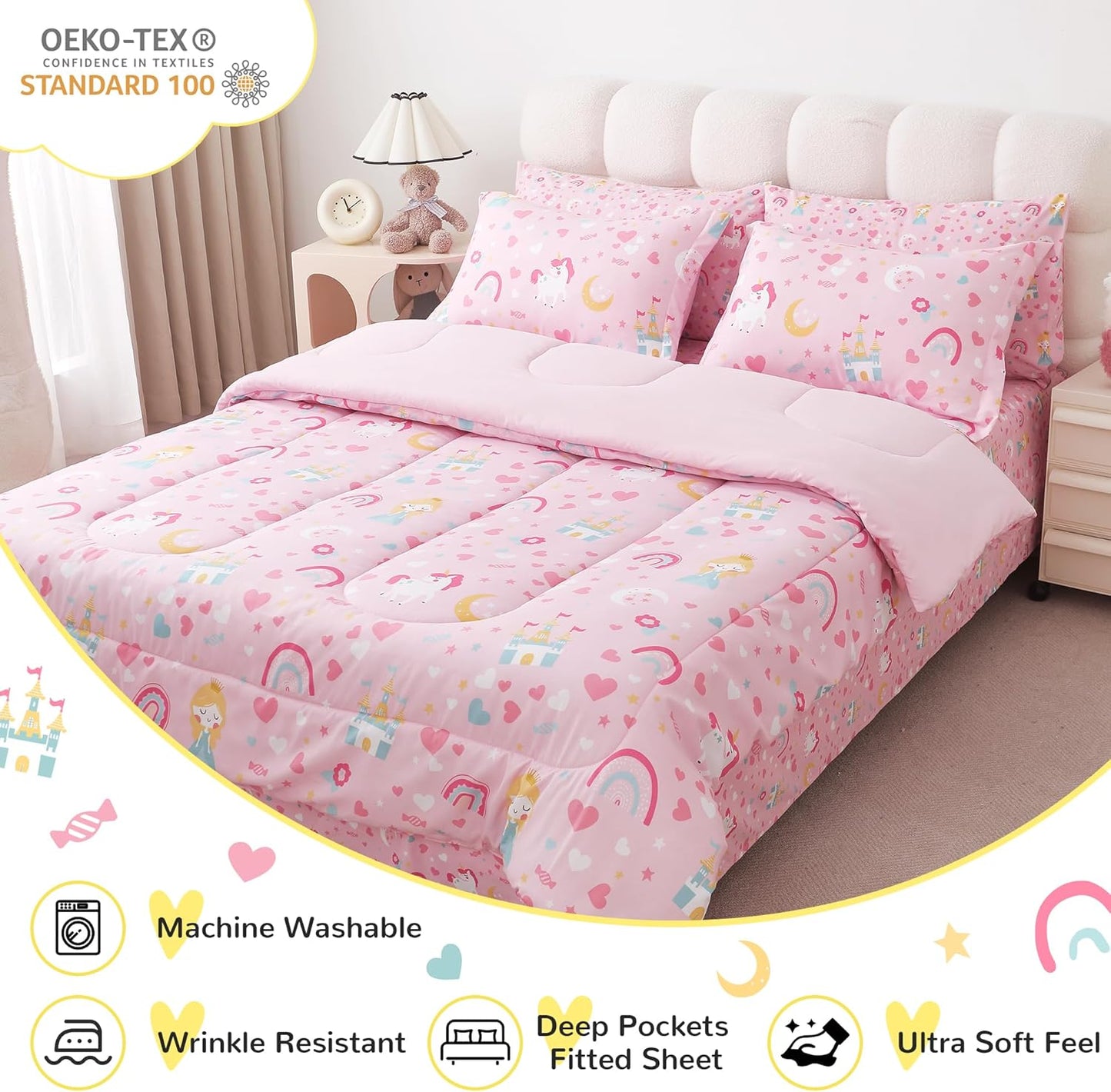 Viviland Kids Twin Bedding Sets for Girls, Soft Twin Comforter Set with Sheets, 5 Pieces Microfiber Bed in a Bag, Pink Castle Unicorn