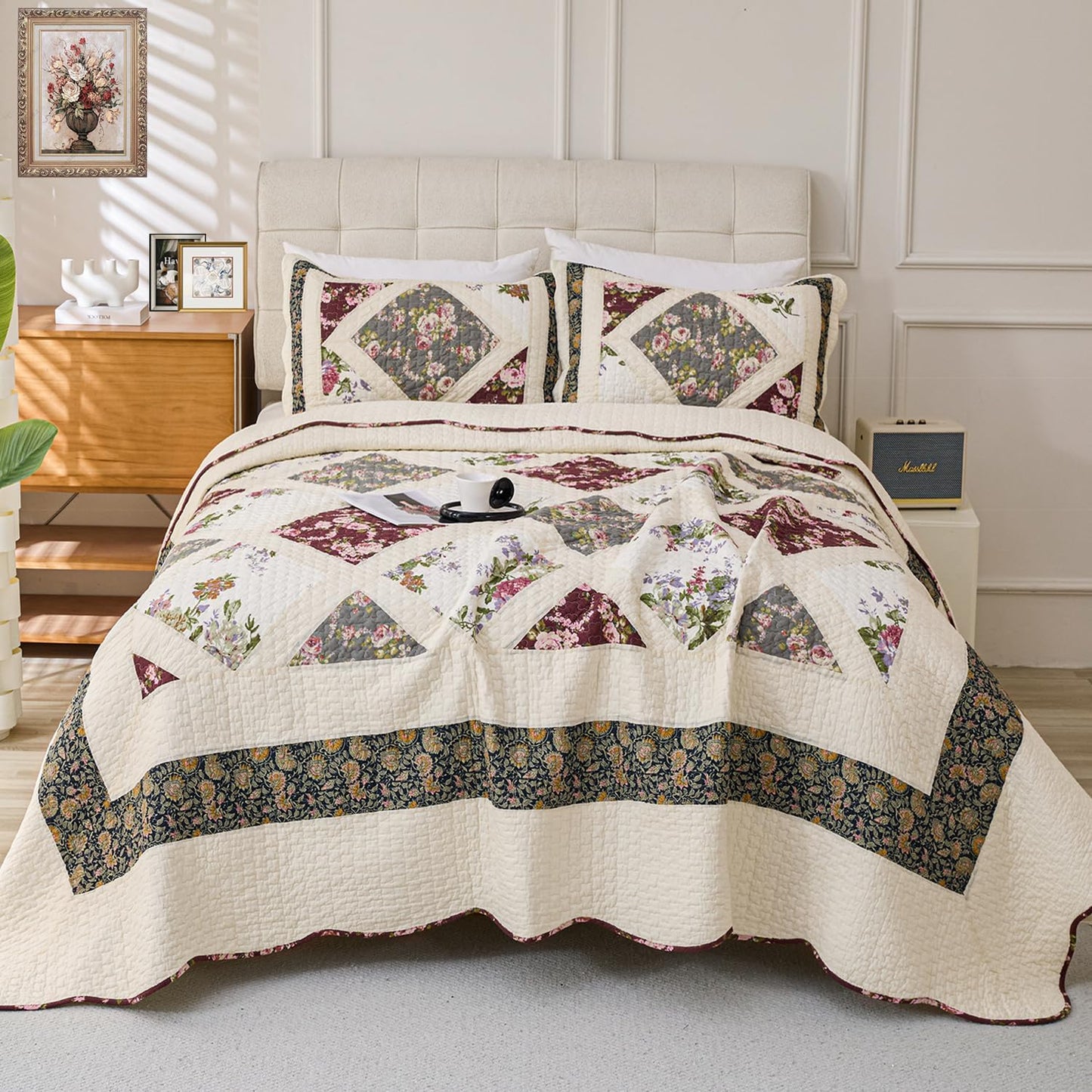 Cmfshape Floral Quilt Sets Bedspread Set 100% Cotton Patchwork Bedding Set,All Season Use Lightweight Reversible Coverlet Quilts with 2 Pillow Shams(Queen 92"x96")