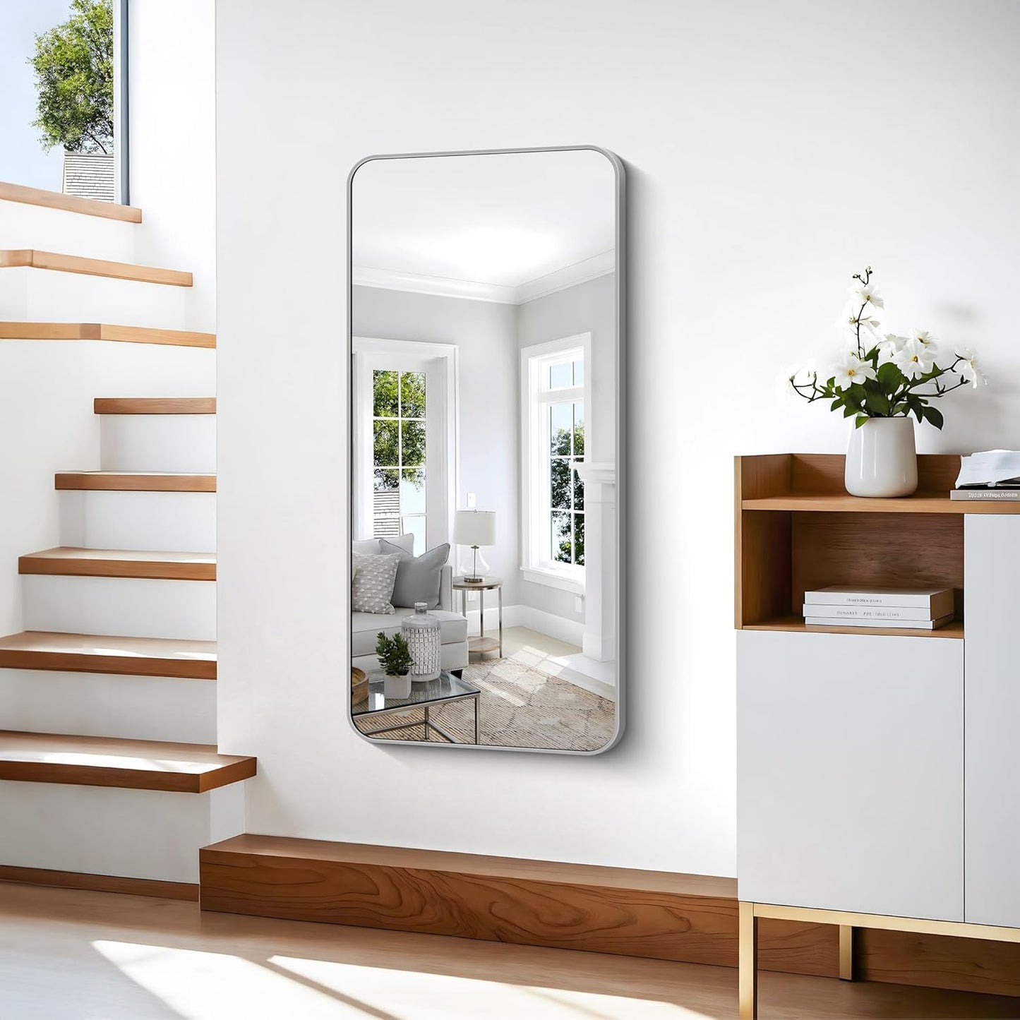 48x24 Inch Silver Bathroom Mirror, Metal Framed Silver Rectangle Mirror, Rounded Rectangular Vanity Mirror, Wall Mounted Mirrors for Living Room Bedroom Entryway Hangs Horizontal or Vertical