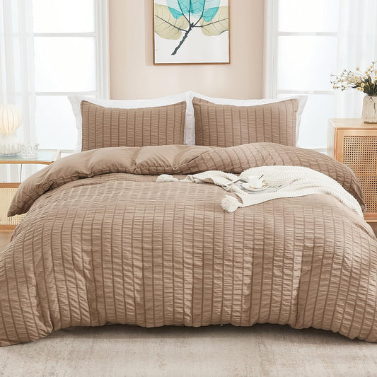 AveLom Seersucker Duvet Cover Set Queen Size (90 x 90 inches), 3 Pieces (1 Duvet Cover, 2 Pillow Cases), Taupe Ultra Soft Washed Microfiber, Textured Duvet Cover with Zipper Closure, Corner Ties