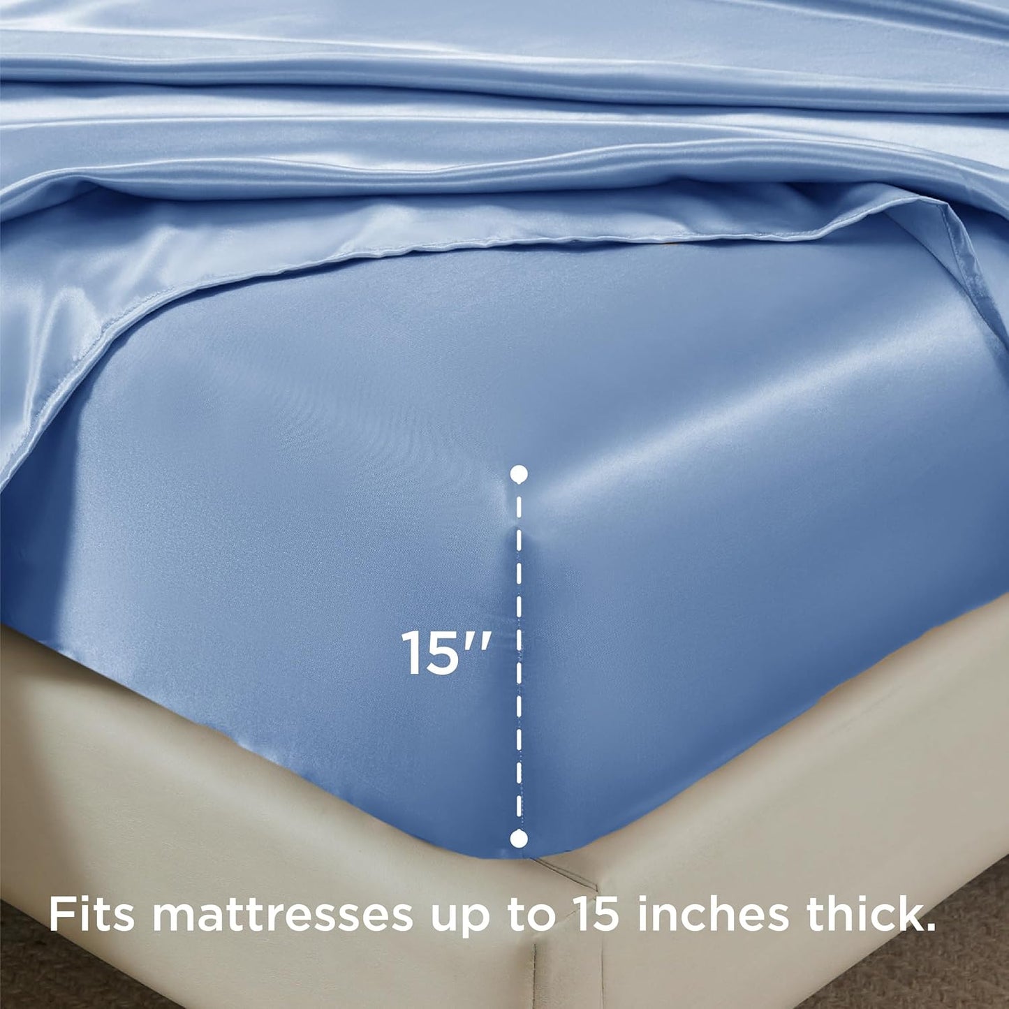 Bedsure Satin Sheets King Size - 4 Piece Silky Bedsheets with 15 Inches Deep Pocket Fitted Bedsheet,1 Flat Sheet, 2 Satin Pillowcases, Good for Hair & Skin (King, Sky Blue)