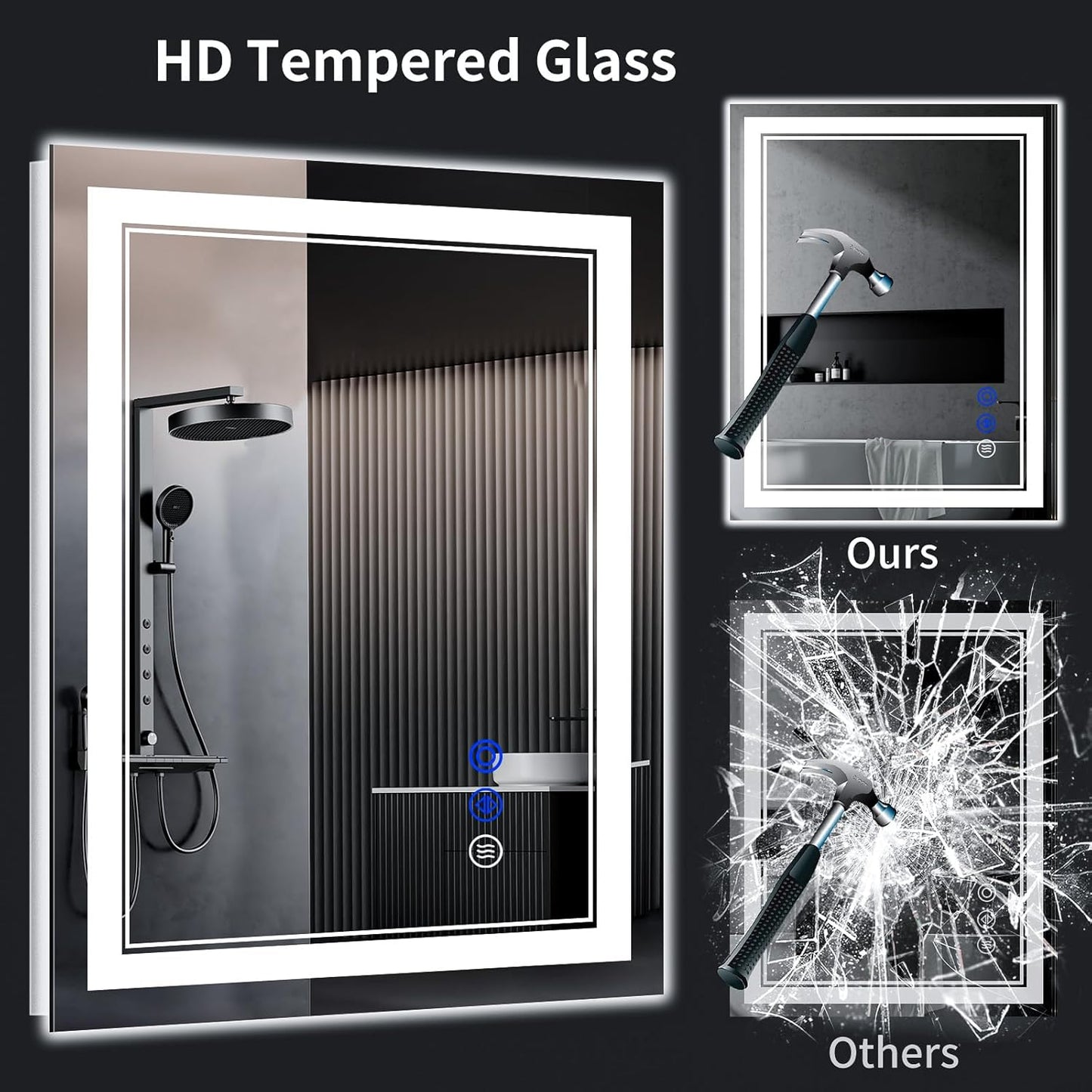 40"x36" LED Bathroom Mirror with Anti-Fog, Stepless Dimmable Lights, 3 Color Modes, Shatter-Proof Tempered Glass, Memory Function & Waterproof Design