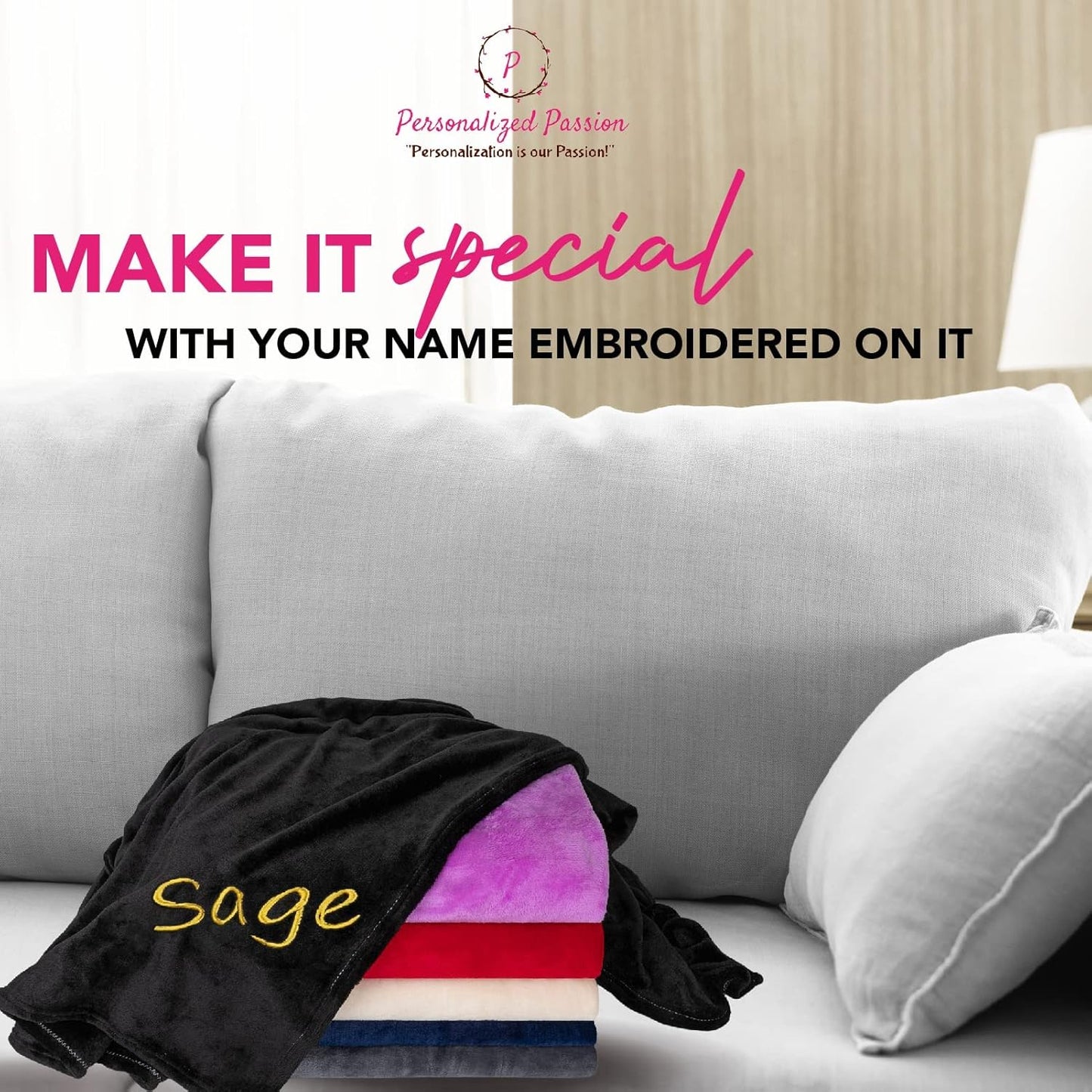 Personalized Blankets for Adults - Custom Blanket with Embroidered Name or Monogram - Soft Fleece Throw Cover for Bed & Couch - Black (60"x80")