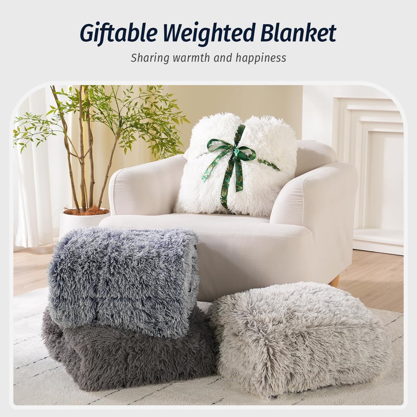 Wemore Shaggy Long Fur Faux Fur Weighted Blanket, Cozy and Plush Sherpa Long Hair Blanket for Adult 15lbs, Fluffy Fuzzy Sherpa Reverse Heavy Blanket for Bed, Couch, Backprint Navy Blue, 60 x 80 Inches
