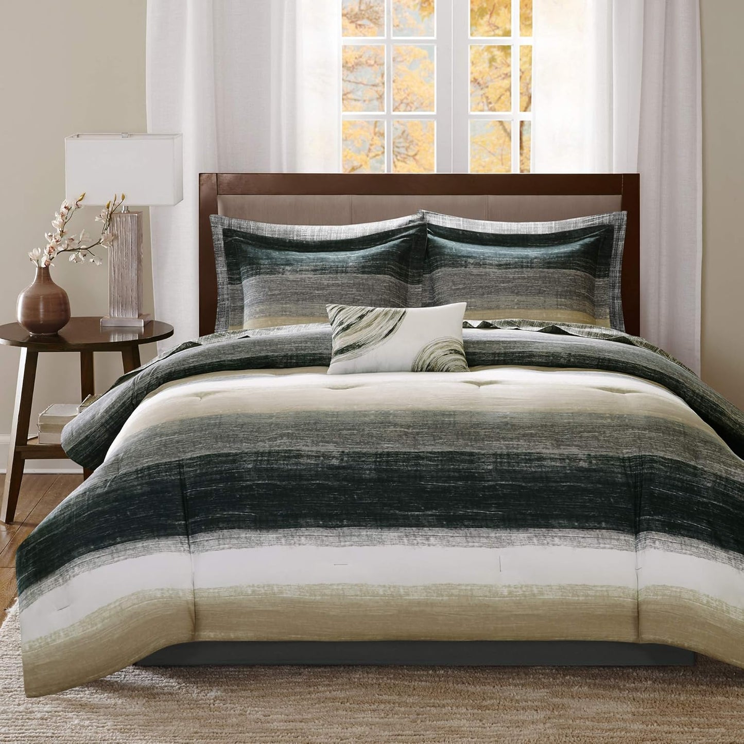 Madison Park Essentials Cal King Comforter Set, Bed in a Bag, Watercolor Print Coastal Comforter & Chambray Cotton Sheet Set, All Season Bedding Set, Saben, Taupe Cal-King (104 in x 92 in) 9 Piece