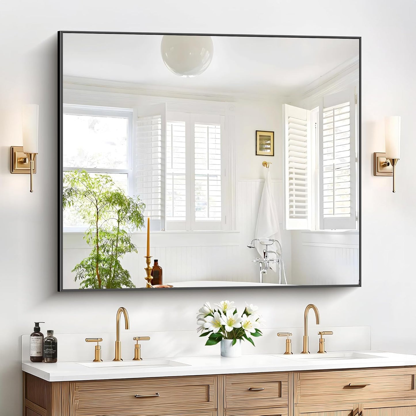 40x48inch Black Bathroom Mirror, Black Rectangle Mirror with Frame, Large Rectangular Wall Mirrors for Bathroom, Living Room, Hair Salon, Big Farmhouse Mirror Hang Horizontal/Vertical