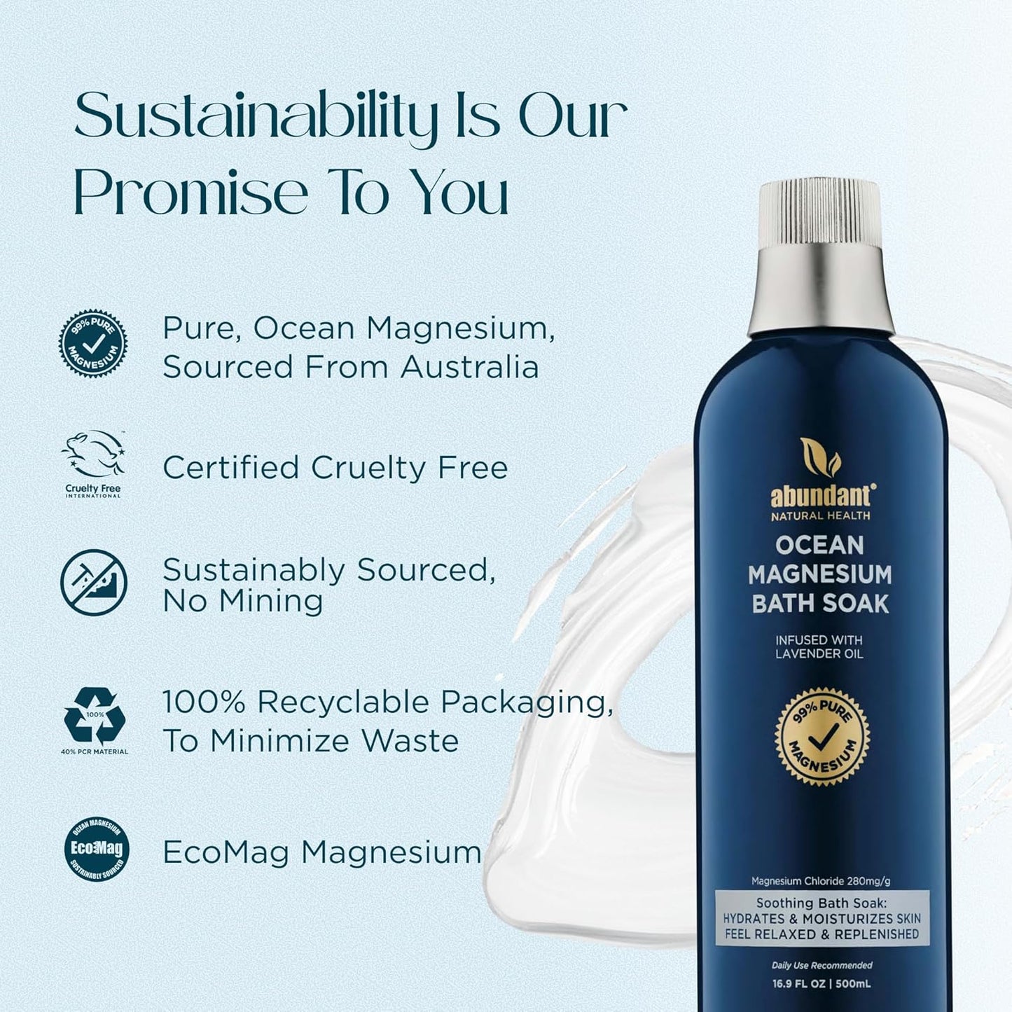Ocean Magnesium Bath Soak Infused with Lavender Oil to Hydrate, Soothe and Moisturize Skin, Relax and Replenish Muscles, Highly Concentrated Pure Magnesium Salts, 500mL