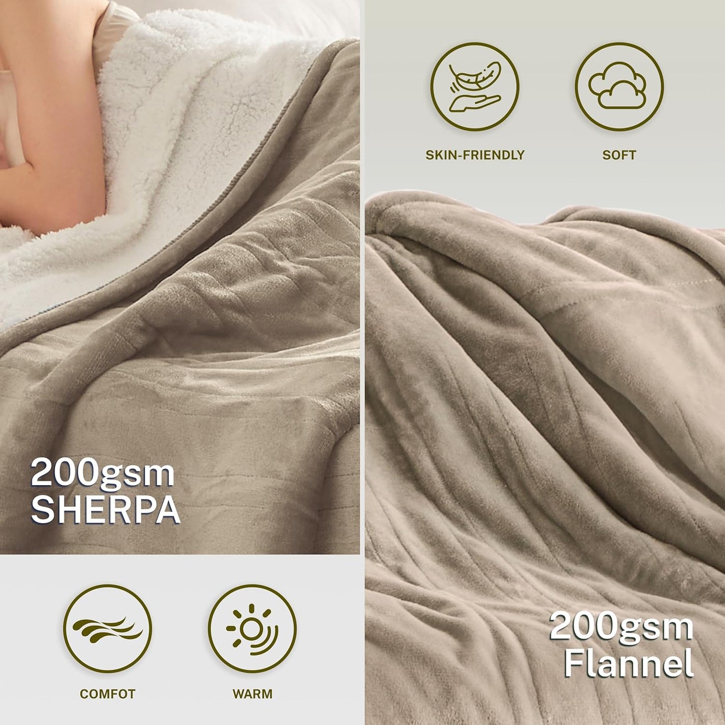 Heat Blanket 62”x84” Twin Size,Soft Flannel & Sherpa Reversible Electric Blanket with 10 Heat Settings,12 Timer Setting and 8 Hours Auto-Shut Off,ETL Certified Machine Washable,Light Brown