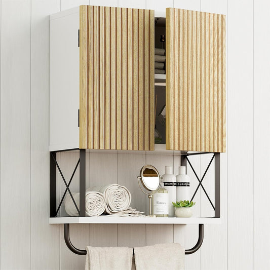 Bathroom Wall Medicine Cabinet, Fluted Hanging Wall Mounted Cabinet with Towel Bar, Above Toilet Storage Cabinet for Bathroom Organizers and Storage, White