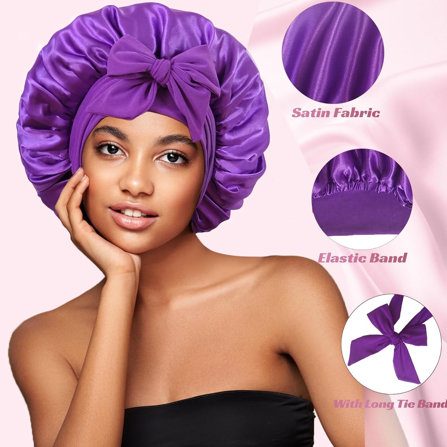 vidsel Bonnet with Tie Band, Hair Care Satin Silk Bonnet for Sleeping Women, Silky Sleep Bonnets for Women, Reversible Double Layer Sleep Cap for Curly Hair Braids