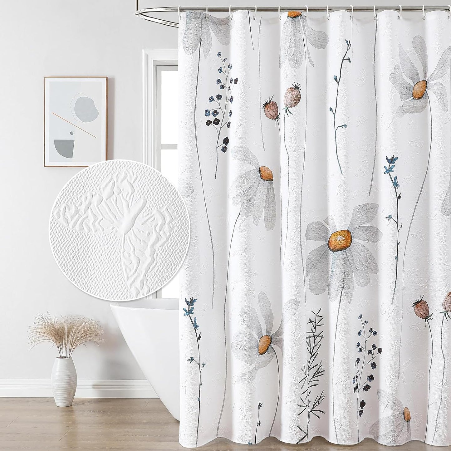 QiyI Floral Shower Curtain, 3D Embossed Butterflies Flower Bathroom Curtain, Watercolor Grey Daisy Minimalist White Cloth Bath Curtain, Waterproof Fabric Soft Shower Curtain Set with Hooks, 72x72