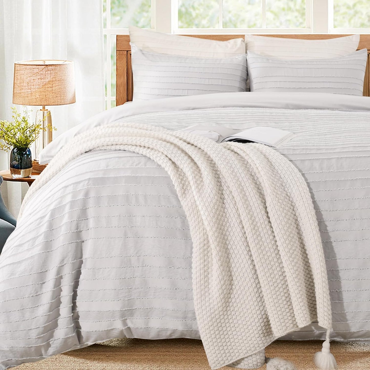 NEXHOME PRO Duvet Cover Full Size, Light Grey 3 Pieces Boho Tufted Duvet Cover Set, Soft and Lightweight Microfiber Comforter Cover Set for All Season (Light Grey Full, 80 x 90)-No Comforter