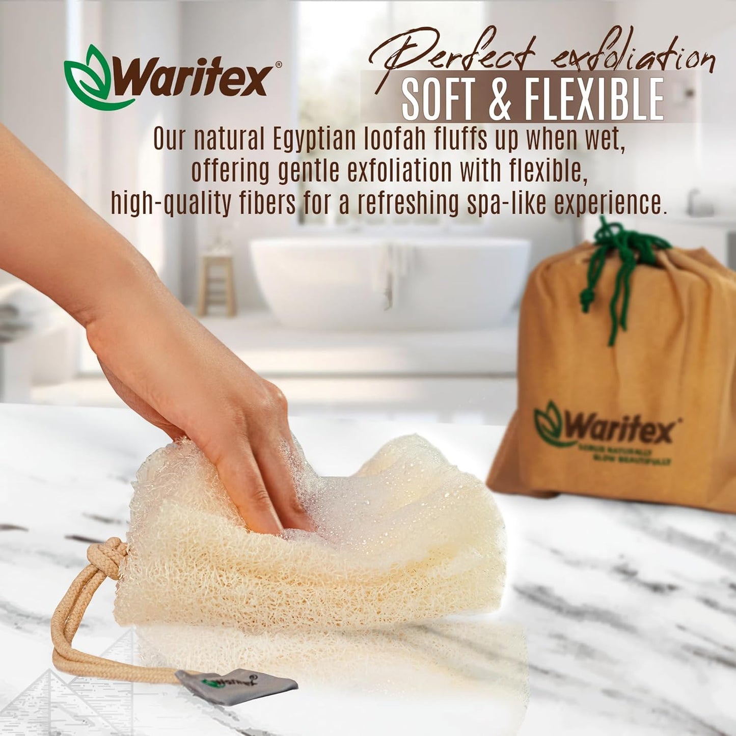 Waritex Premium Natural Egyptian Loofah Sponges, Made from 100% Natural Organic Material, Gentle Skin Exfoliation, and Full-Body Spa Experience – Eco-Friendly Loofah 3 Count (1 Pack)