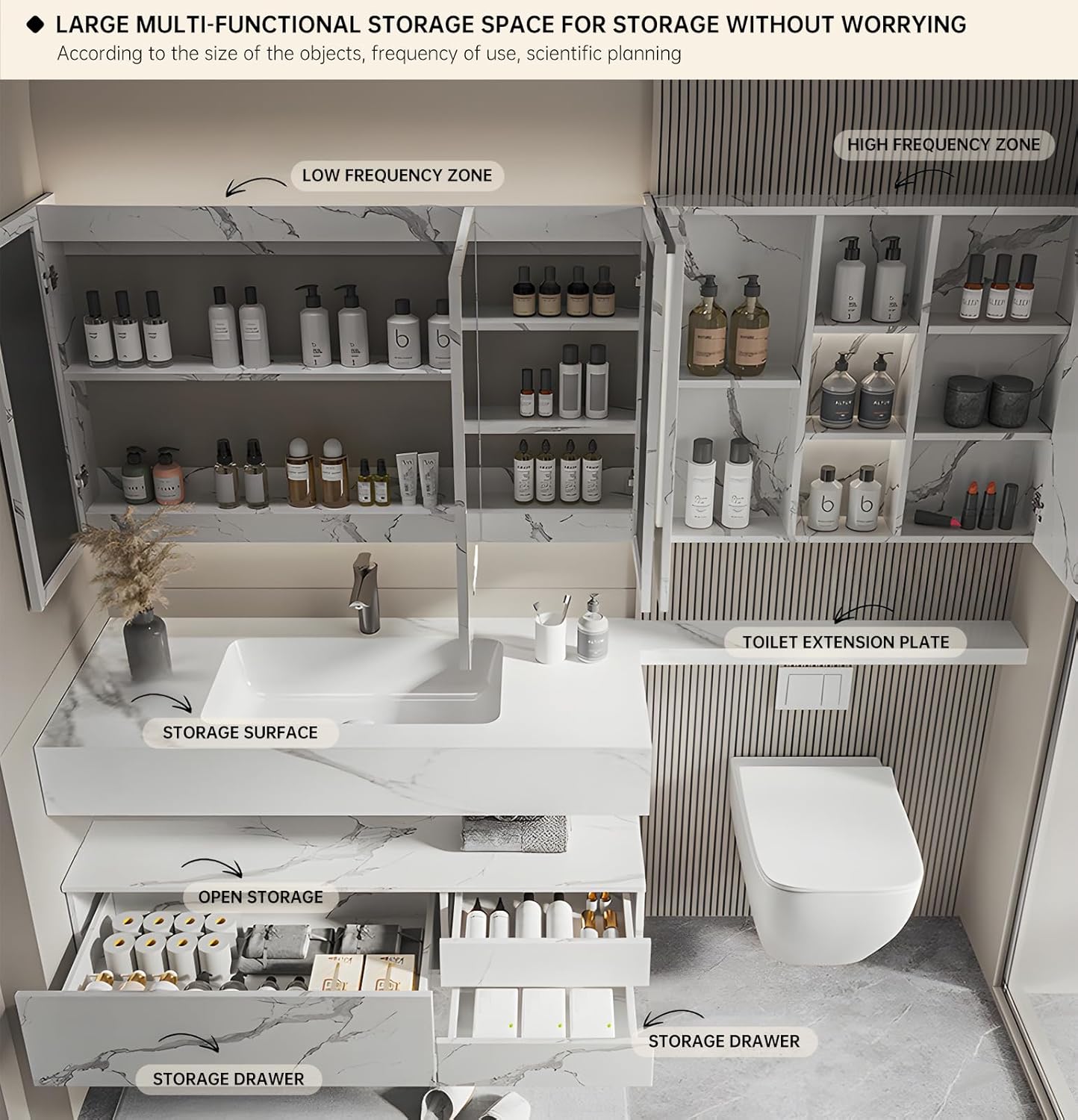 Floating Bathroom Vanity with Sink, Solid Wood Bathroom Vanity Set, Smart Defogging Mirror & Induction Side Cabinet & Large Storage - Elegant Bathroom Vanities (White,84IN)