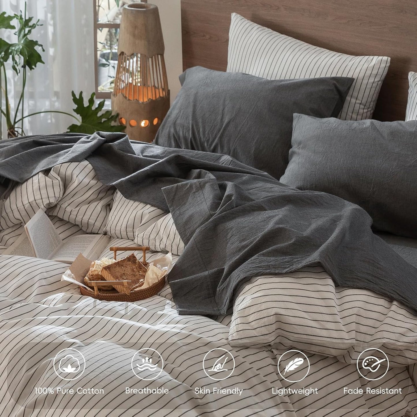 MooMee Bedding Sheet Set 100% Washed Cotton Linen Like Textured Breathable Durable Soft Comfy (Heathered Dark Grey, Full)