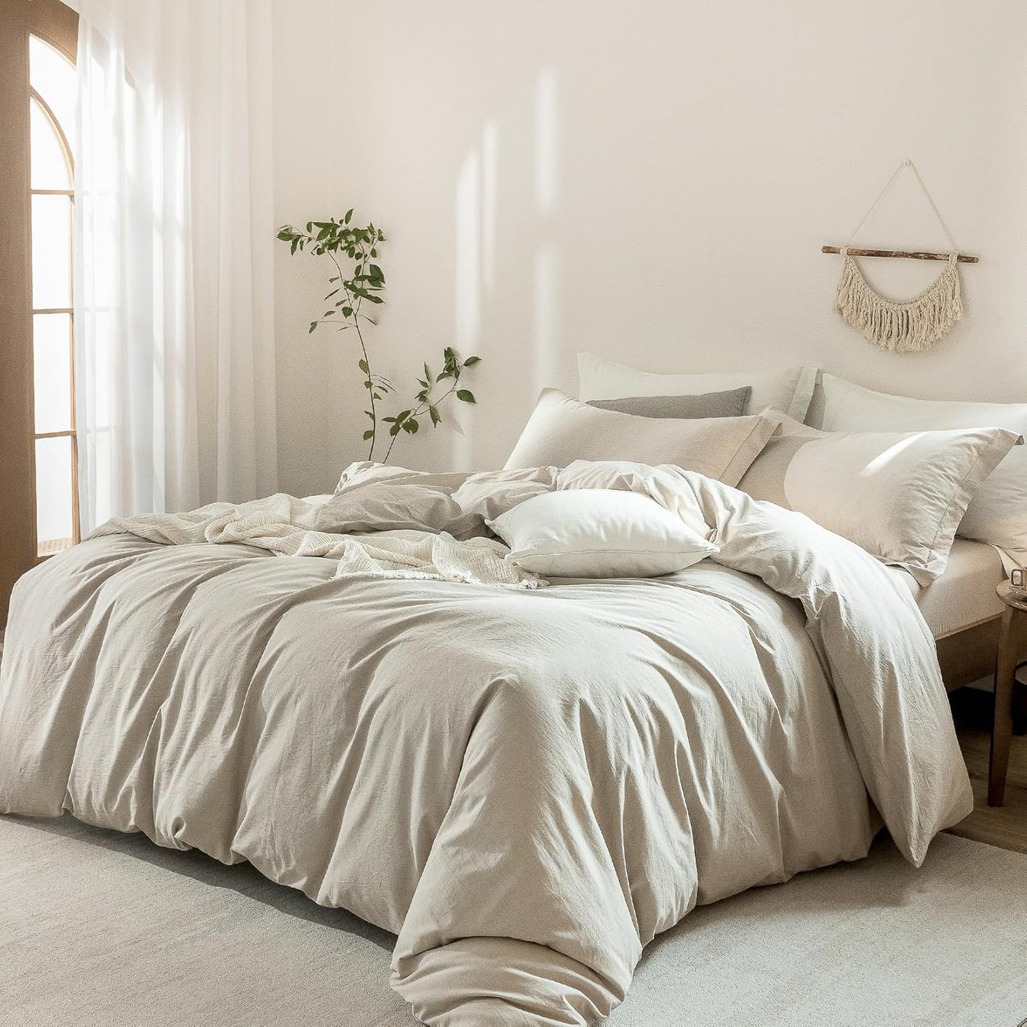 Linen Grey Duvet Cover Queen Size 90inch x 90inch,100% Washed Cotton Duvet Cover with Zipper Closure and 2 Pillowcases, Color of New Nature Linen