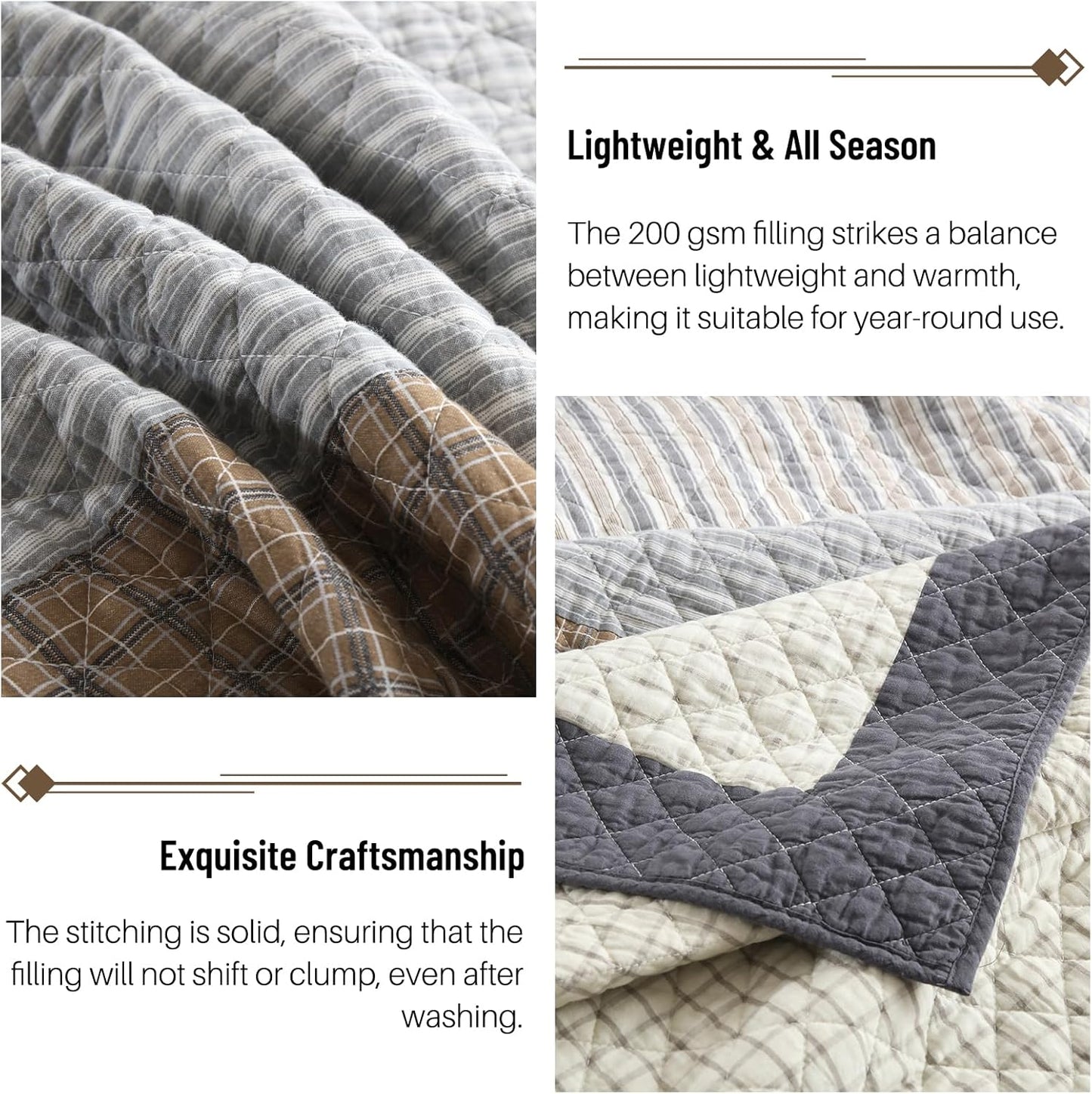 Real-Patchwork Plaid Queen Quilt - 100% Cotton Farmhouse Beige Brown Gray Queen Size Quilts Bedspread, Lightweight Reversible Quilted Coverlet Bedding Set for All Season, 3-Piece(98"x90")