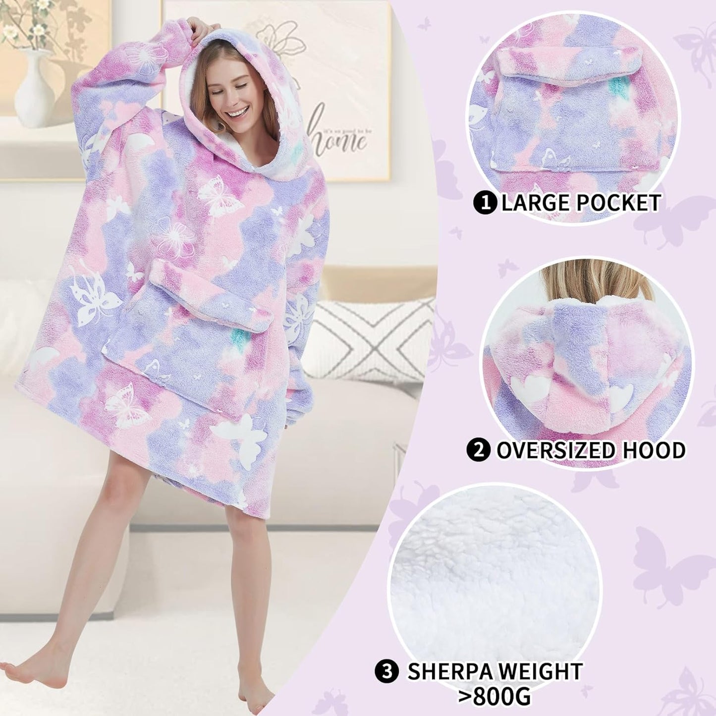 Glow in The Dark Butterfly Wearable Blanket Hoodie for Adult,Oversized Sherpa Fleece Blanket Hoodie for Women,Butterfly