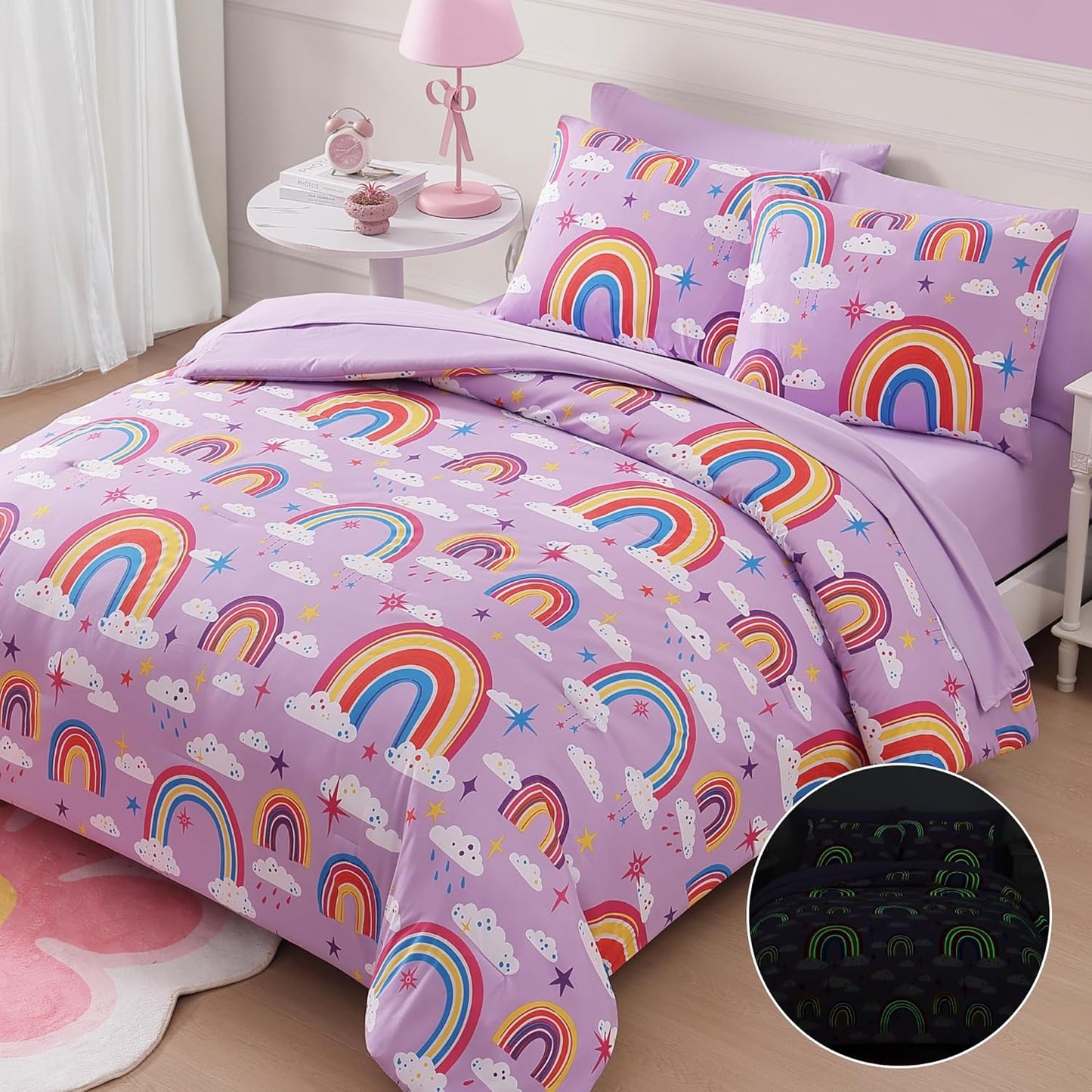 Twin Comforter Set for Girls-5 Pieces Purple Rainbow Glow in The Dark Twin Bedding Sets for Kids, Ultra Soft Bed in A Bag with Sheets