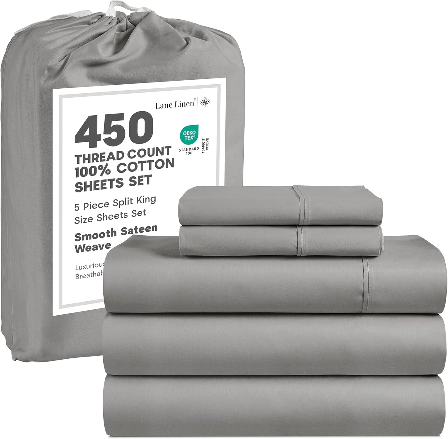 LANE LINEN Split King Sheets for Adjustable Bed – 450 Thread Count 100% Cotton, Soft & Cooling Sateen Weave, 15” Deep Pocket Fully Elasticized Fitted Sheet, Fade-Resistant Bedding, Paloma