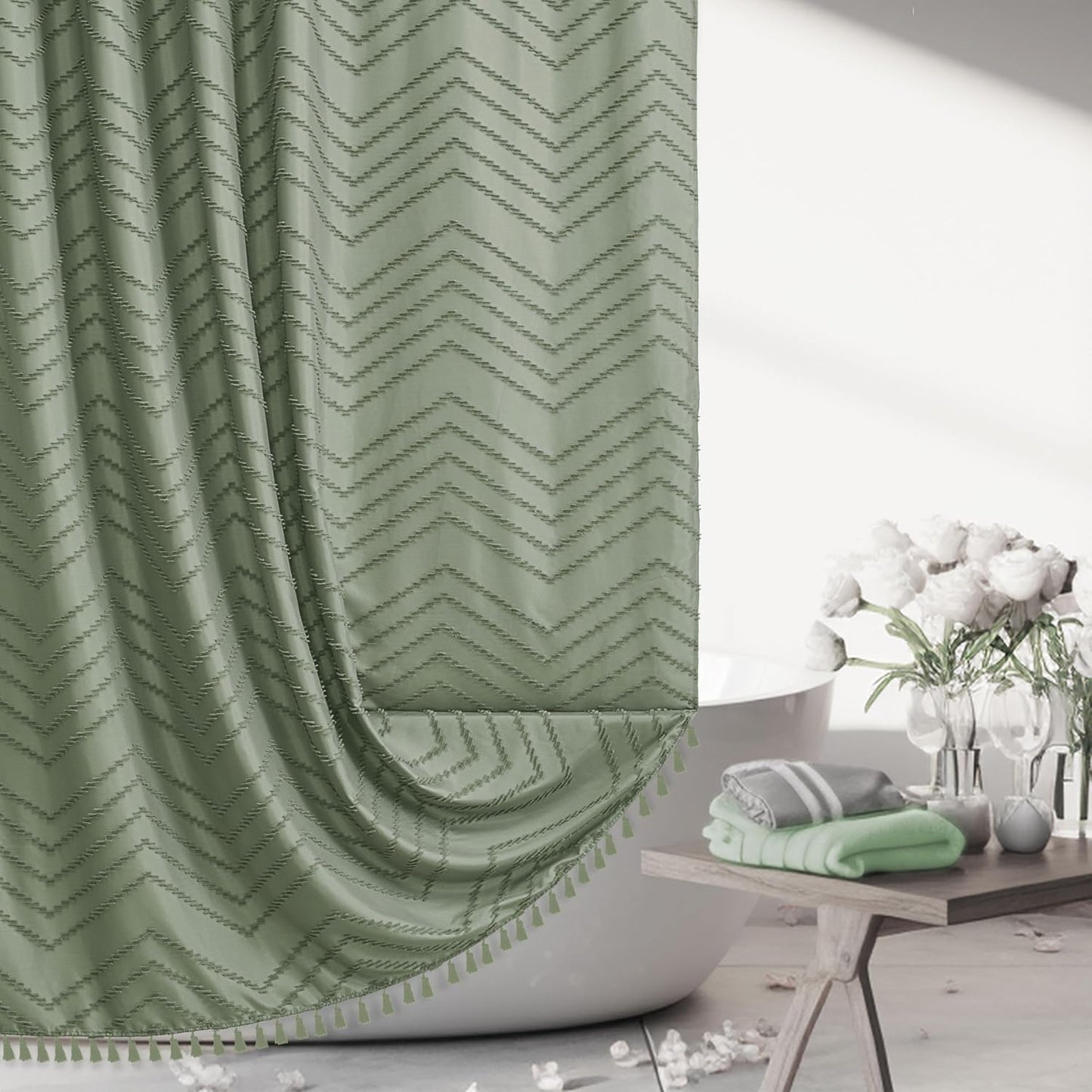 Sage Green Shower Curtain for Bathroom Boho Shower Curtain Cloth Textured Tufted Chevron Elegant Shower Curtains Waterproof for Bathroom 72" x 72"