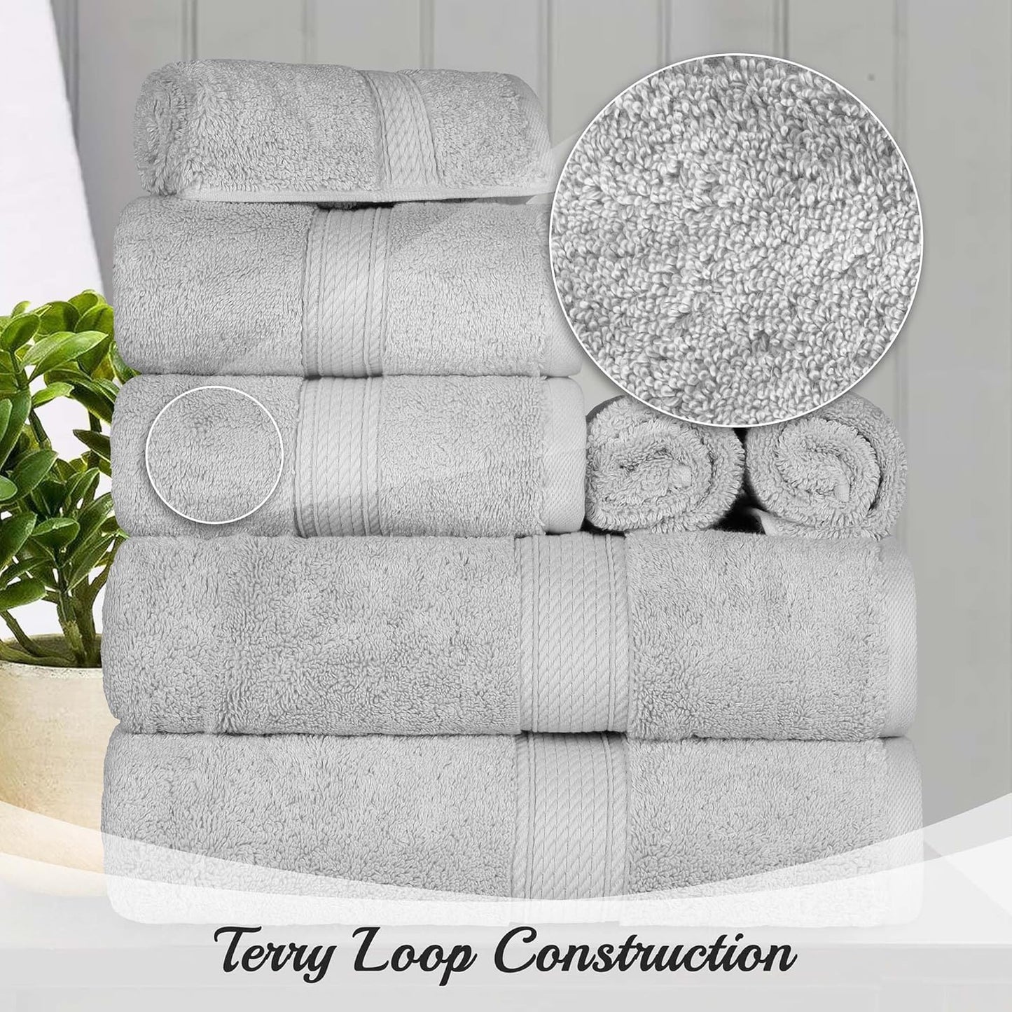 Superior Egyptian Cotton Pile 8 Piece Towel Set, Includes 2 Bath, 2 Hand, 4 Face Towels/Washcloths, Ultra Soft Luxury Towels, Thick Plush Essentials, Guest Bath, Spa, Hotel Bathroom, Silver