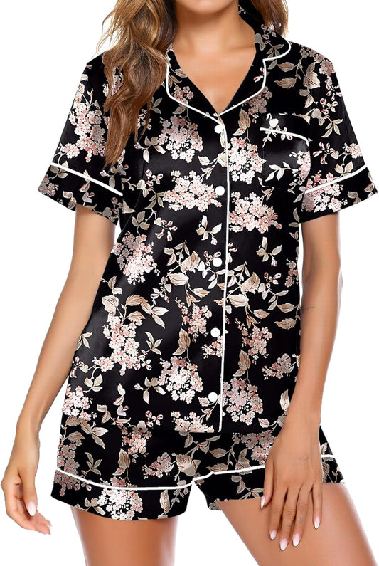 Ekouaer Pajamas for Women Set Silk Satin Pjs Shorts Sleepwear 2 Piece Loungewear S-XXL