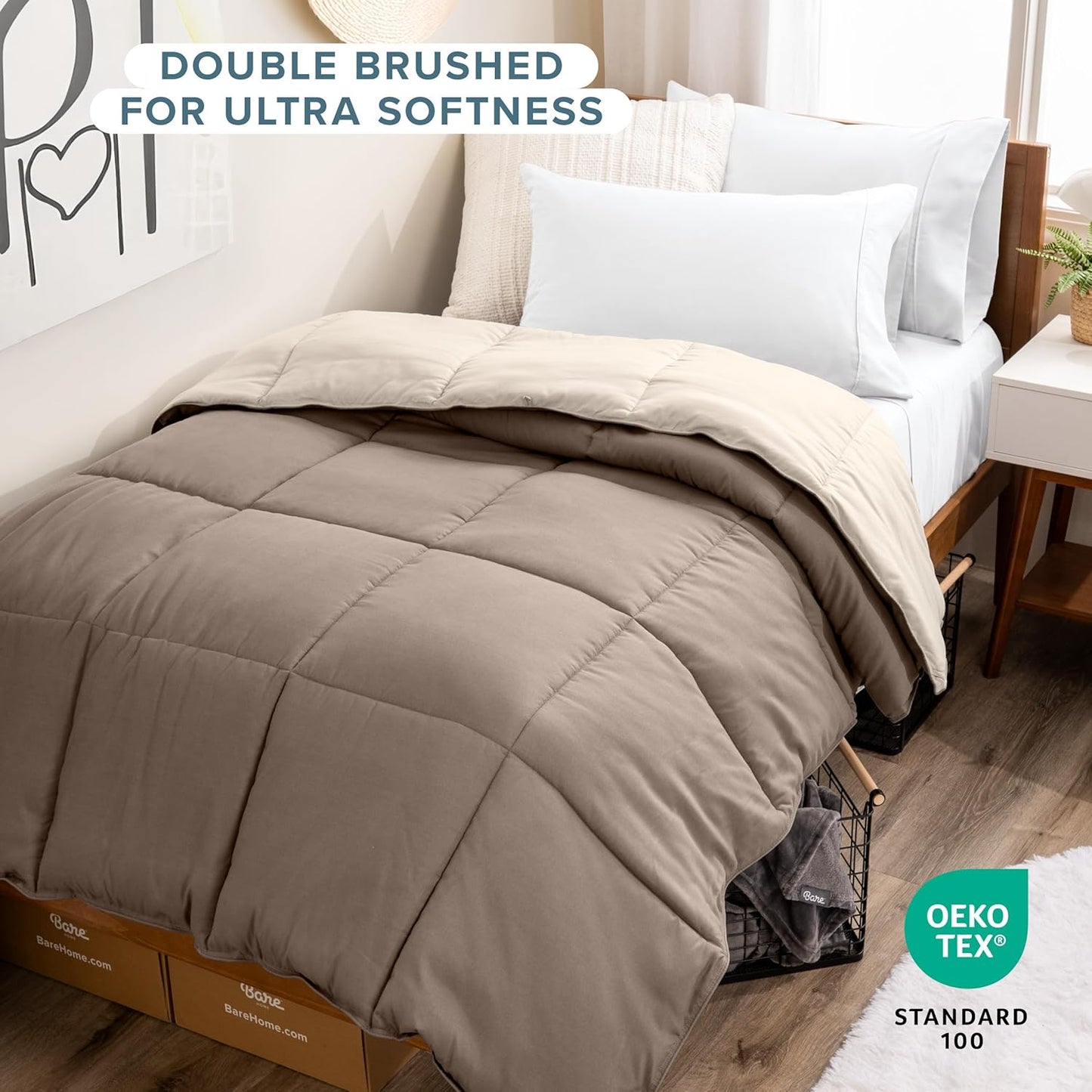 Bare Home Twin/Twin Extra Long Comforter - Reversible Colors - Goose Down Alternative - Ultra-Soft - Premium 1800 Series - All Season Warmth - Bedding Comforter (Twin/Twin XL, Taupe/Sand)