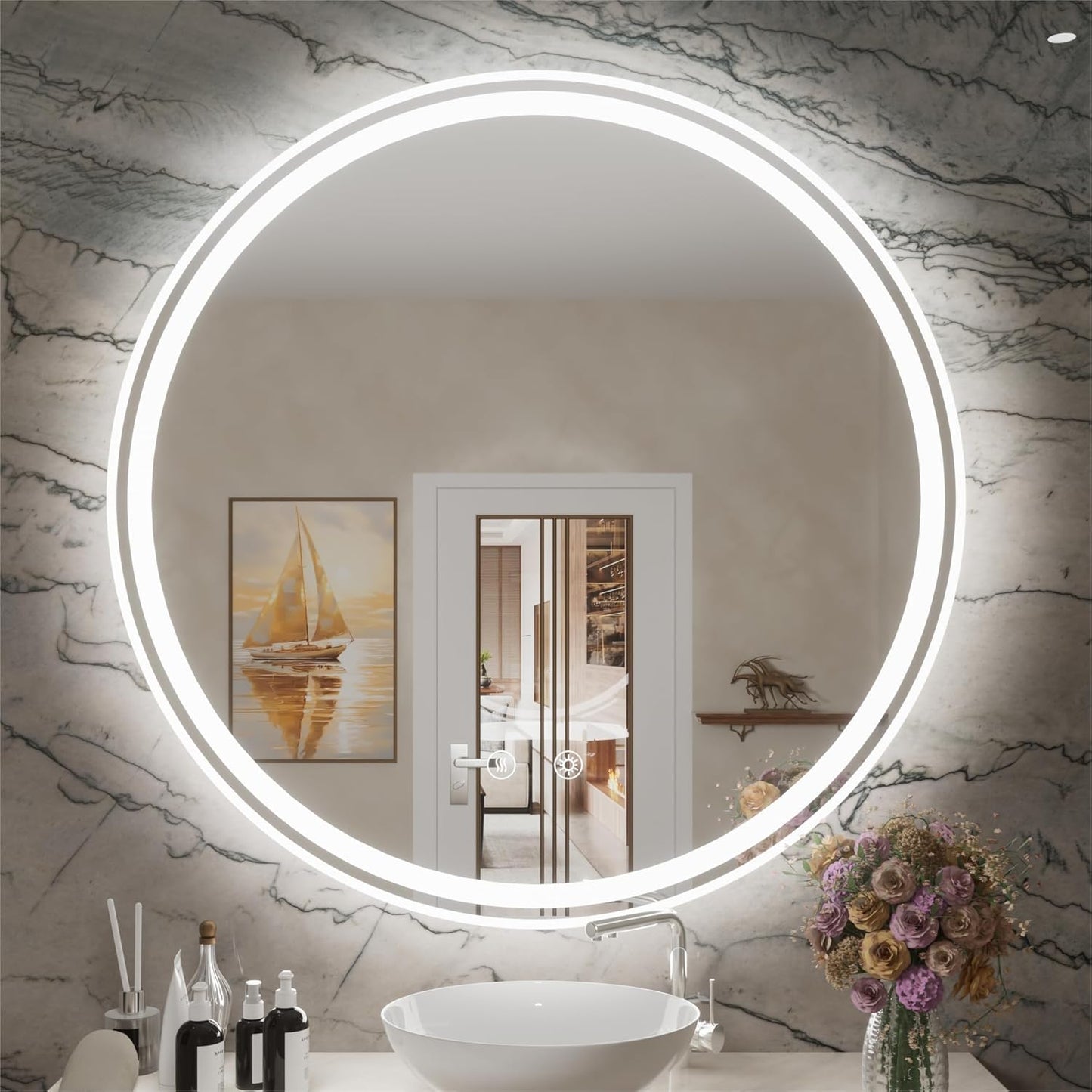 32 Inch Round LED Bathroom Mirror with Anti-Fog, Dimmable Front & Backlit Lights, 6000K Daylight, Frameless, 5mm HD Glass, Memory Function, Touch Control