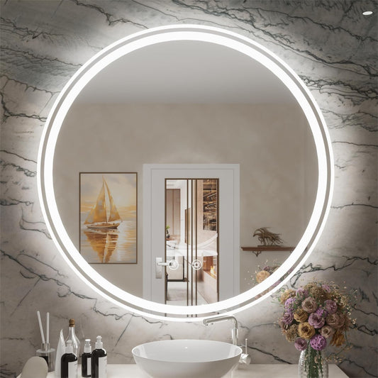 32 Inch Round LED Bathroom Mirror with Anti-Fog, Dimmable Front & Backlit Lights, 6000K Daylight, Frameless, 5mm HD Glass, Memory Function, Touch Control