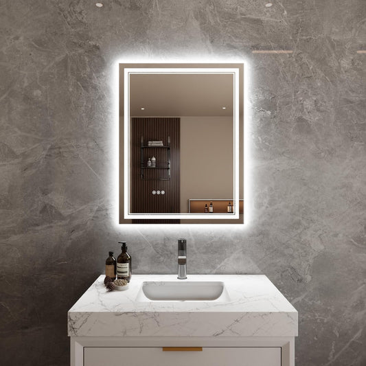 Bathroom Mirror with Lights 28"X36" with Front Light and Backlit, Tempered Glass, Wall Mount Horizontal/Vertical, Stepless Dimmable, 3 Colors, Anti Fog, Bathroom Memory LED Mirror