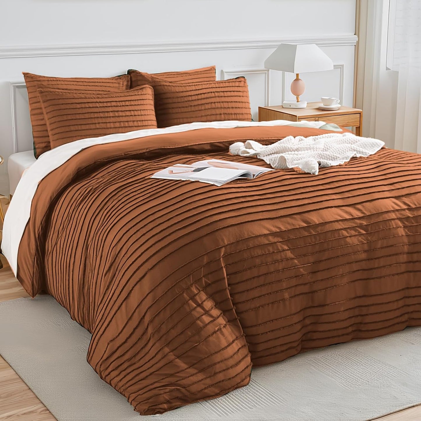 NEXHOME PRO Duvet Cover Queen Size, Brunt Orange 3 Pieces Boho Tufted Duvet Cover Set, Soft and Lightweight Microfiber Comforter Cover Set for All Season (Brunt Orange, 90 x 90)-No Comforter