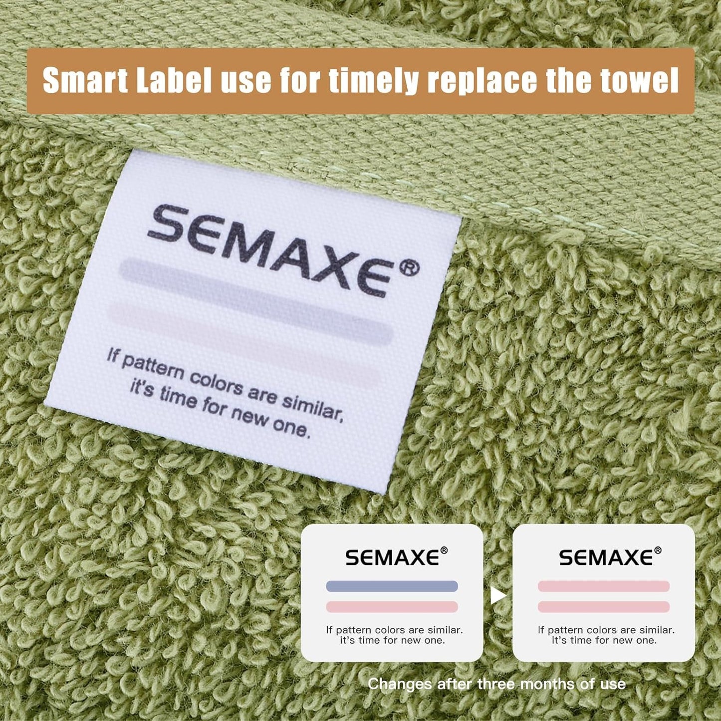 SEMAXE 18-Pack Bath Towel Set Include 6 Bath Towels, 6 Hand Towels, 6 Wash Cloths, 100% Cotton Bathroom Towels with Hanging Loops and Nano-Bio Lifecycle Labels, Soft and Absorbent Towel, Green