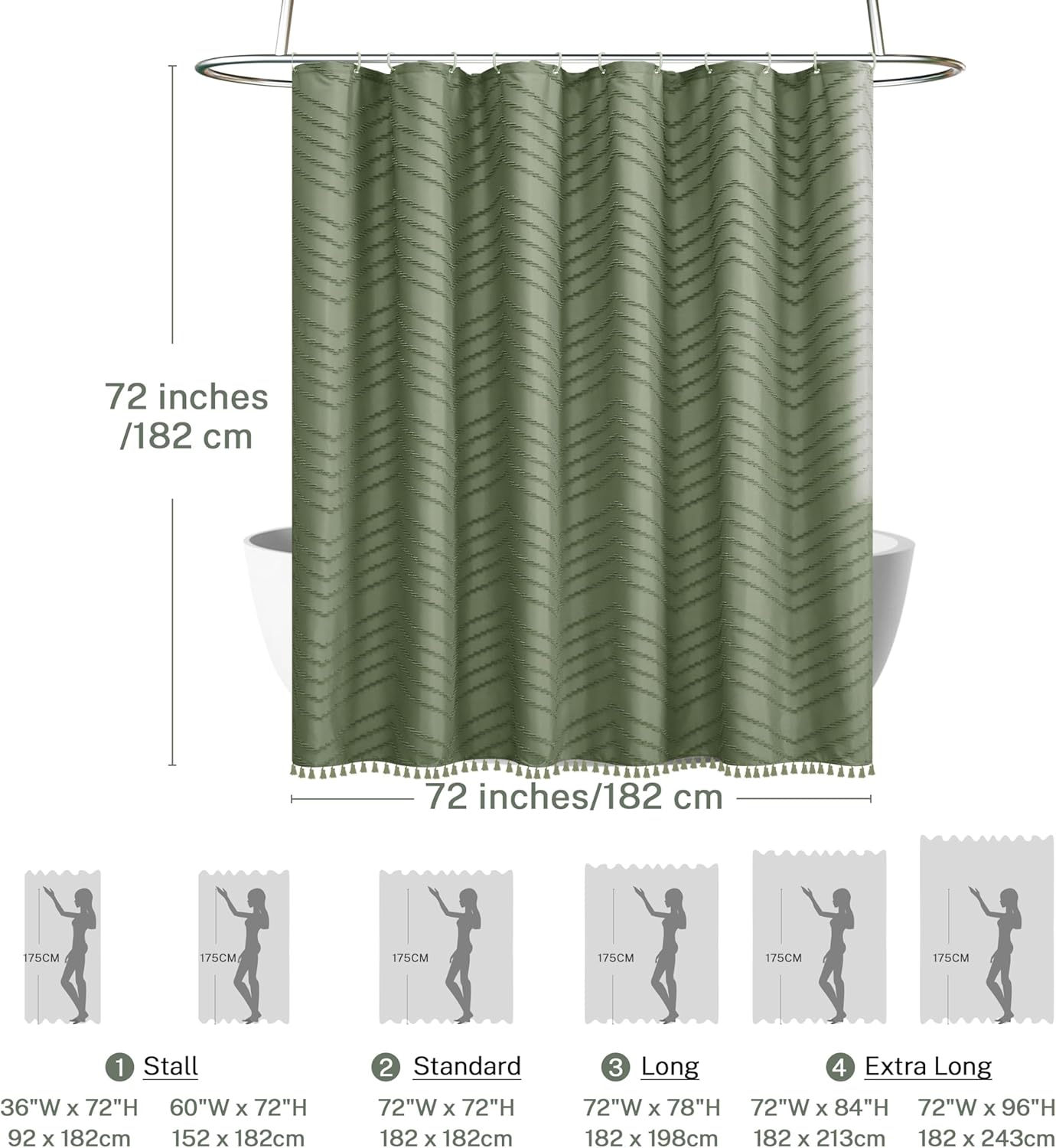 Sage Green Shower Curtain for Bathroom Boho Shower Curtain Cloth Textured Tufted Chevron Elegant Shower Curtains Waterproof for Bathroom 72" x 72"