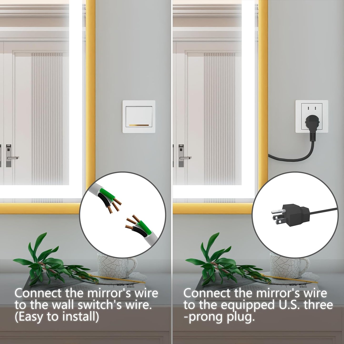 30x30 Inch Gold LED Bathroom Mirror, 3 Color Temperatures (3000K/4500K/6000K), Anti-Fog, Dimmable Lights, Memory Function, Horizontal/Vertical Wall Mounted