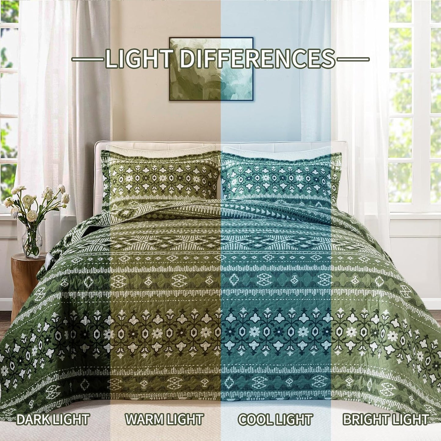 BEDIFANY Quilts King Size, Reversible Lightweight Bedspread with Boho Geometry Printed, Boho Bed Spread Coverlet Sets for Bed Decoration, All-Season King Quilt Bedding Set (98 * 106 in), 3 Pieces