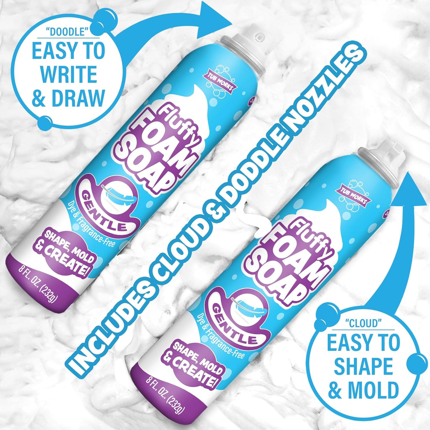 Tub Works™ Fluffy Foam Soap, White, 6 Pack | Shape, Mold & Create Bathtub Art with Soft Bath Foam for Kids | Fragrance-Free & Dye-Free Kids Bath Soap | Easy-to-Use Spray Nozzles