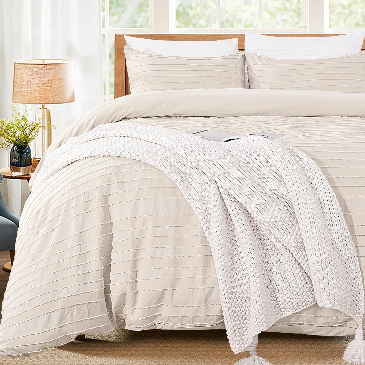 NEXHOME PRO Twin Duvet Cover, Light Khaki 2 Pieces Boho Tufted Twin Size Duvet Cover Set, Soft and Lightweight Microfiber Comforter Cover Set for All Season (Light Khaki, 66 x 90)-No Comforter