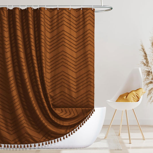 Extra Long Pumpkin Orange Boho Shower Curtain with Tassel, Woven Fabric 96 in, Tufted Chevron Striped, 72 x 96, Modern Chic Textured Minimalist Bathroom Shower Curtain